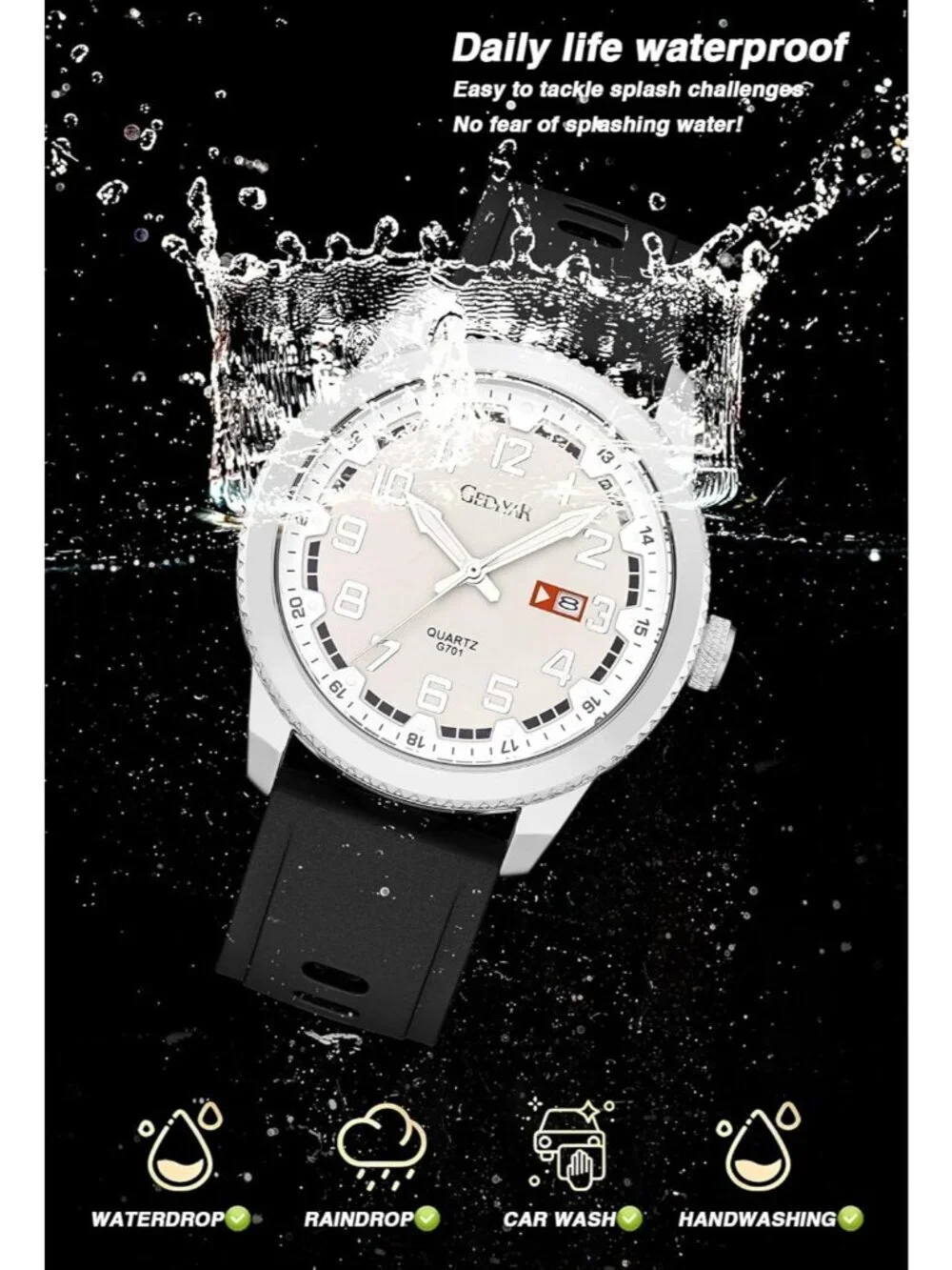 Men Black And Silver Analog Quartz Waterproof Silicone Band Luminous Wrist Watch